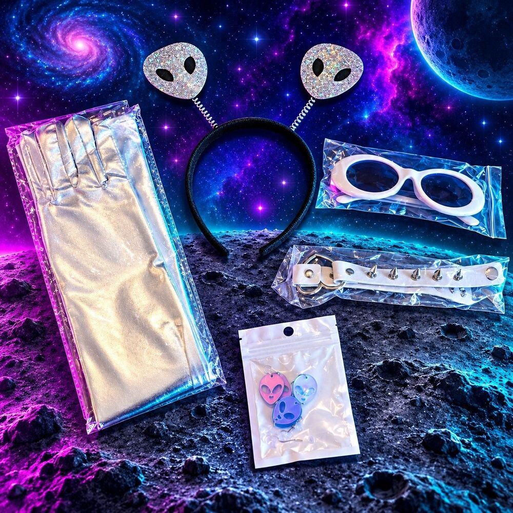 Alien Costume Accessories 5 Piece Silver Gloves Headband Glasses Choker New